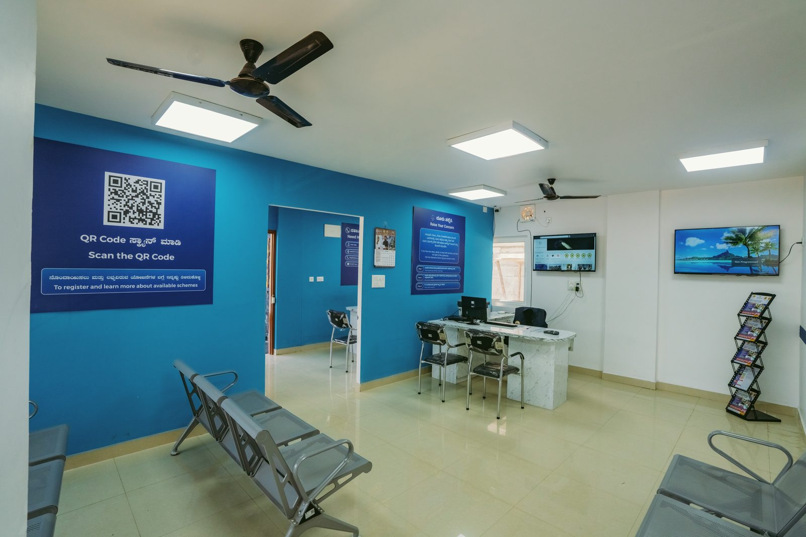 Service desk with QR-code registration wall
