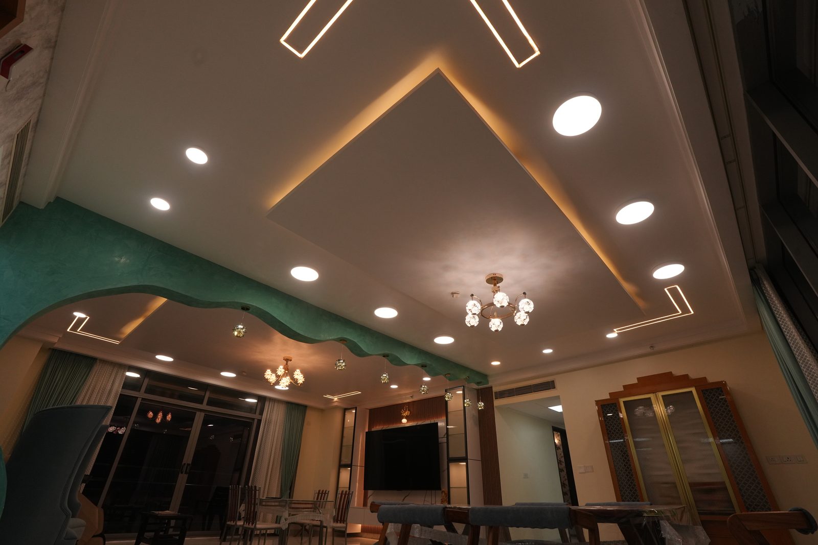 Living and dining alternate view with feature ceiling