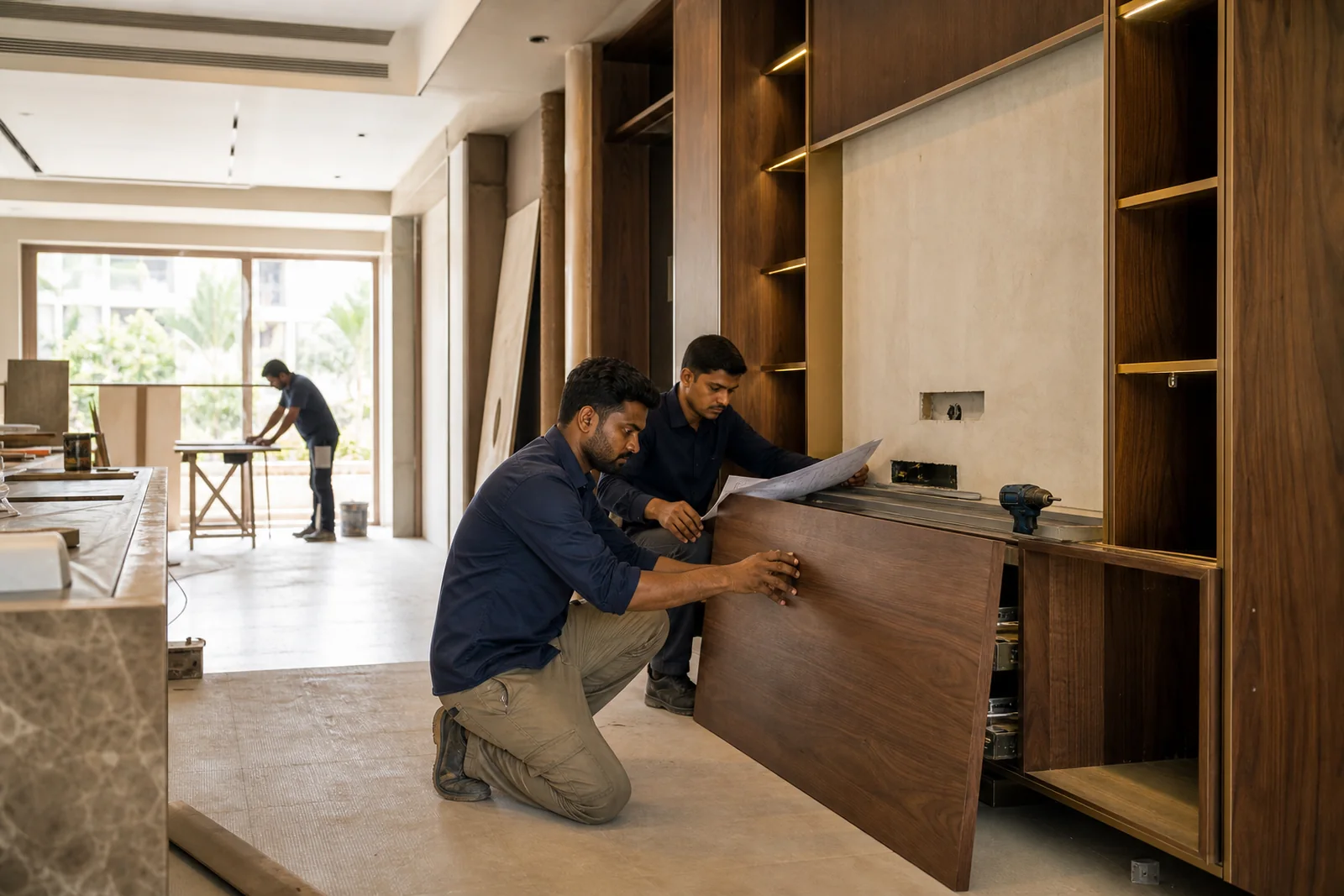 Craftspeople installing custom walnut joinery in a residential interior