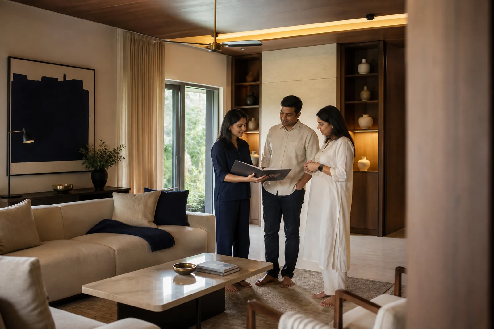 Designer walking homeowners through a completed living room at handover