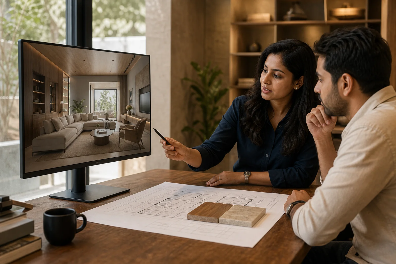 Interior designer presenting a digital room design alongside plans and material samples
