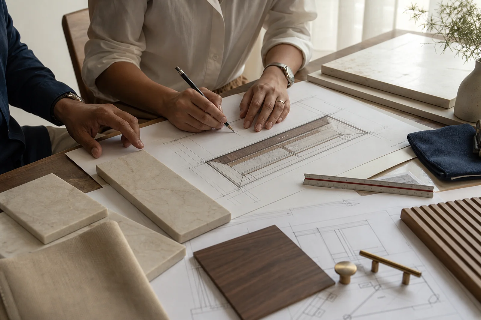 Designers coordinating joinery drawings with stone, timber and hardware samples