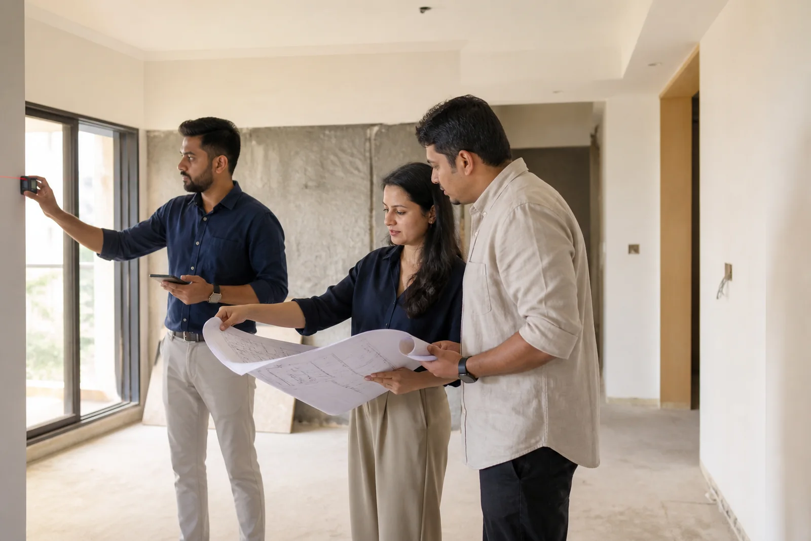 Interior designer and homeowners reviewing plans during a residential site study
