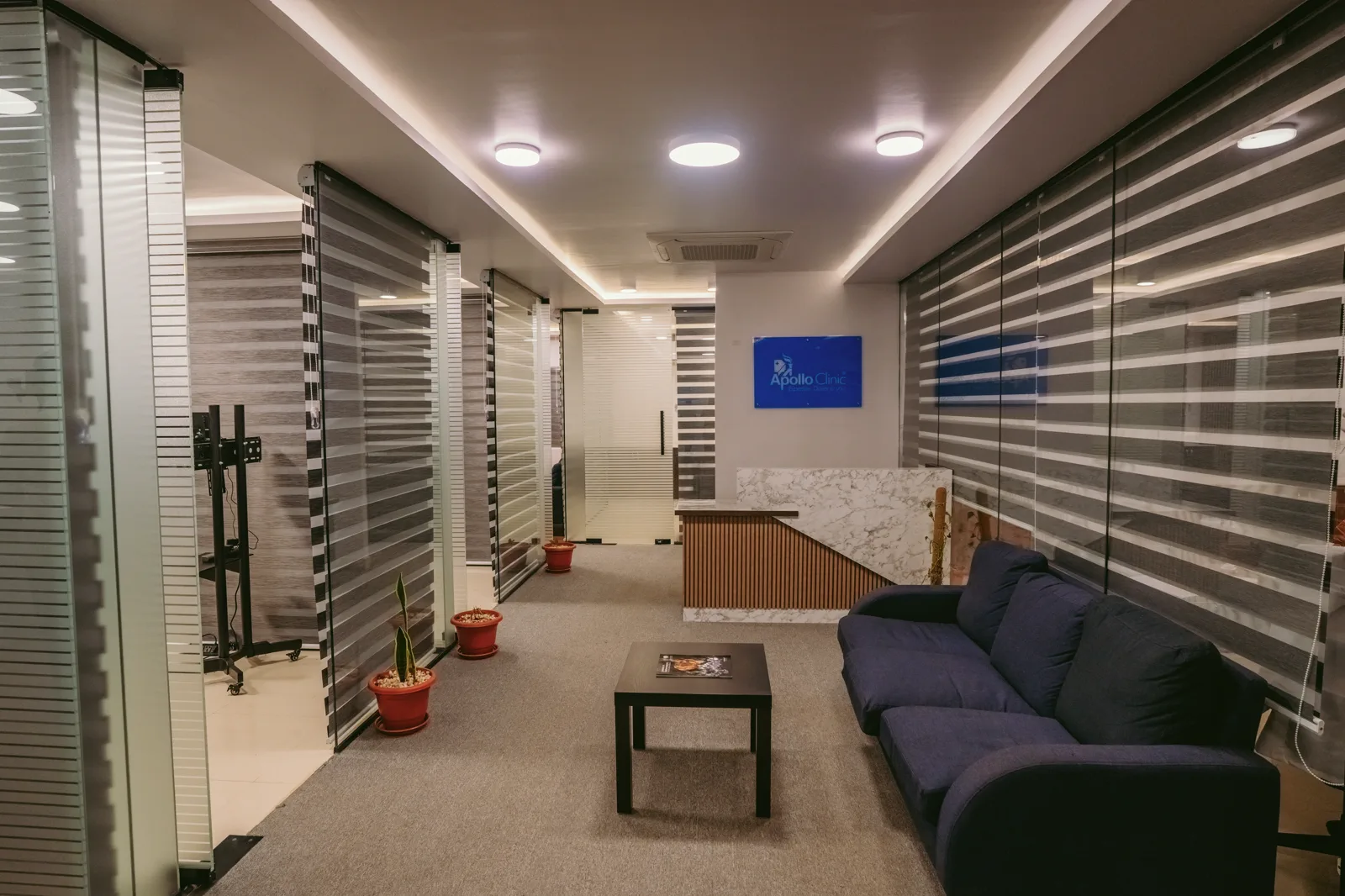Apollo Bel Road Reception Lounge — Layered blinds and warm light frame the arrival desk.
